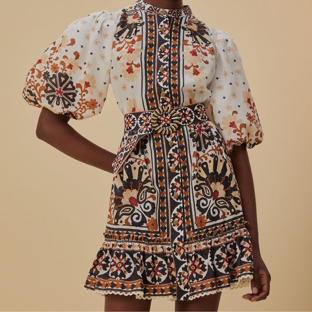 Farm Rio Flower Fan Tapestry- size M Embroidered Puff Sleeve Dress